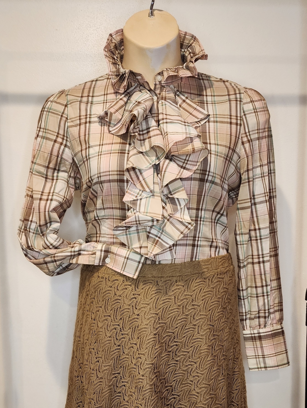 Ralph Lauren Plaid Ruffle-Front Button Down Shirt in Beige Pink Green